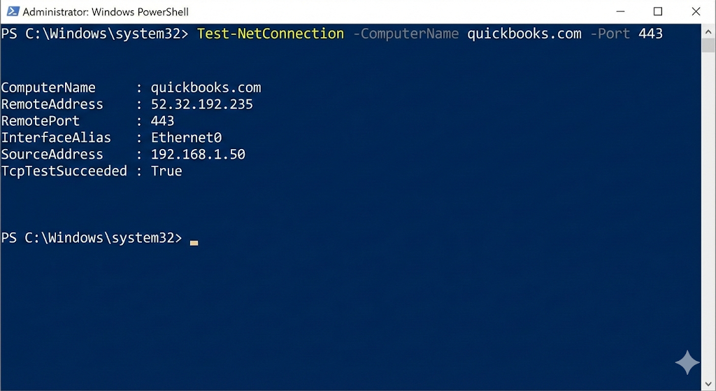 Open PowerShell and type Test-NetConnection updates.intuit.com -Port 443