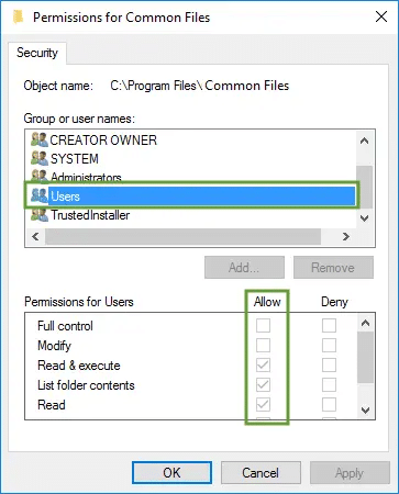 QuickBooks Error 1904 – Windows Component Dependency 5 Users → Modify, Read & Execute, Write.