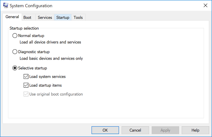 QuickBooks Error 1606: How to Fix "Could Not Access Network Location" 4 Image showing General tab and Selective startup button